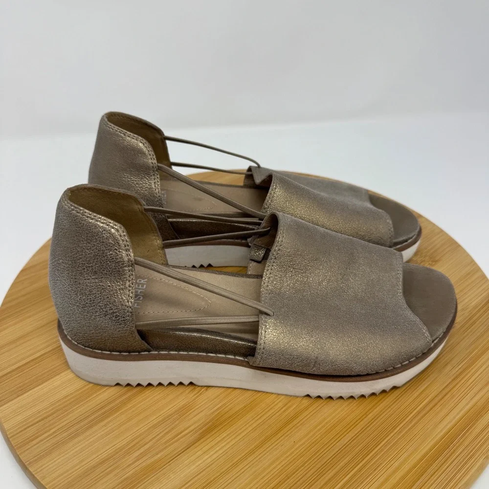 Eileen Fisher Gold Metallic Leather Platform Sandals Cutout 6.5 Open Toe Slides